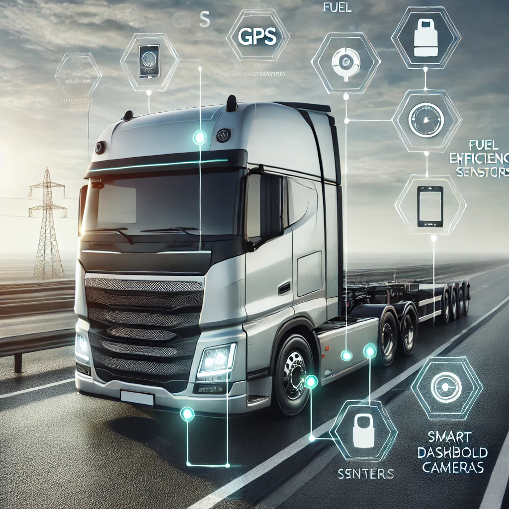DALL·E 2024-10-28 14.26.52 - A modern truck on a highway with technology-inspired futuristic accessories and devices visible around it, without any text. Accessories like GPS, fue