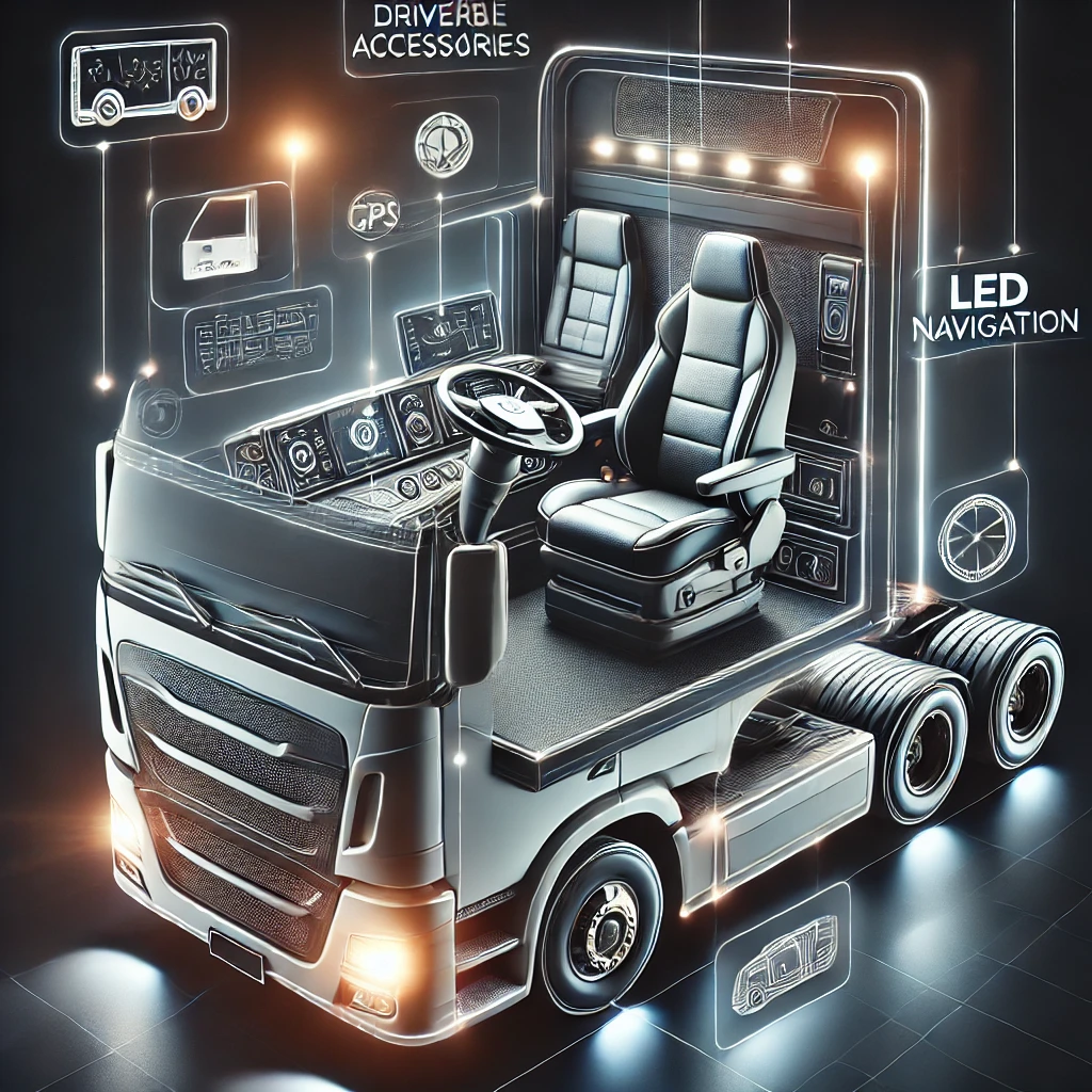 DALL·E 2024-10-28 14.28.56 - A truck interior featuring high-quality accessories such as comfortable seats, GPS navigation, and advanced dashboard displays, with exterior elements
